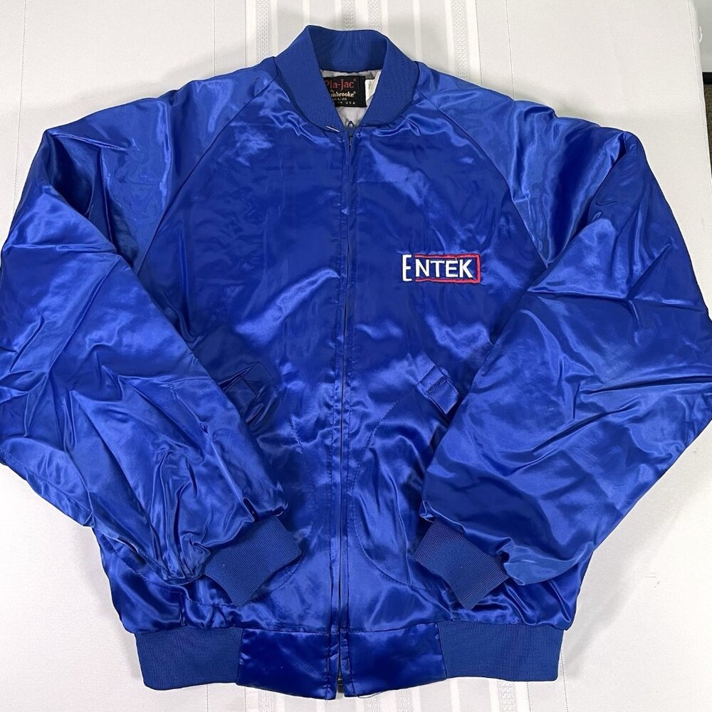 Vintage 80s Satin Bomber Entek Jacket Blue USA Pla-Jac Large Workwear Street